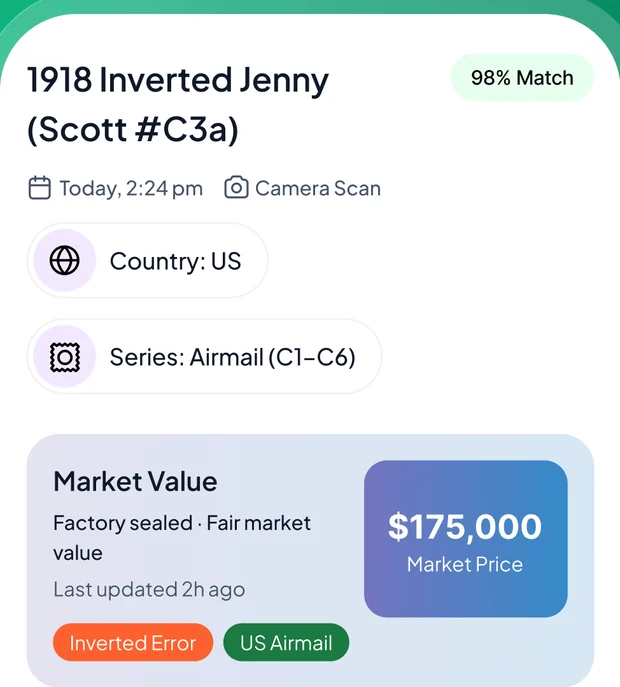StampBrain result screen for a 1918 Inverted Jenny, Scott #C3a, showing the match confidence, country, series and market value