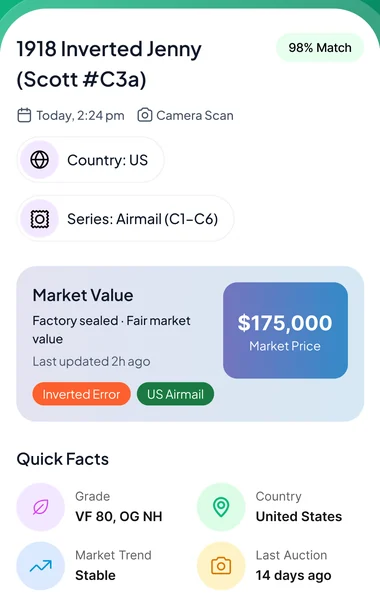 Stamp detail screen showing the match confidence, country, series, market value and the Quick Facts grid