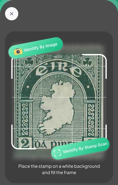 StampBrain camera view with a stamp inside the scan frame and the instruction to place it on a white background